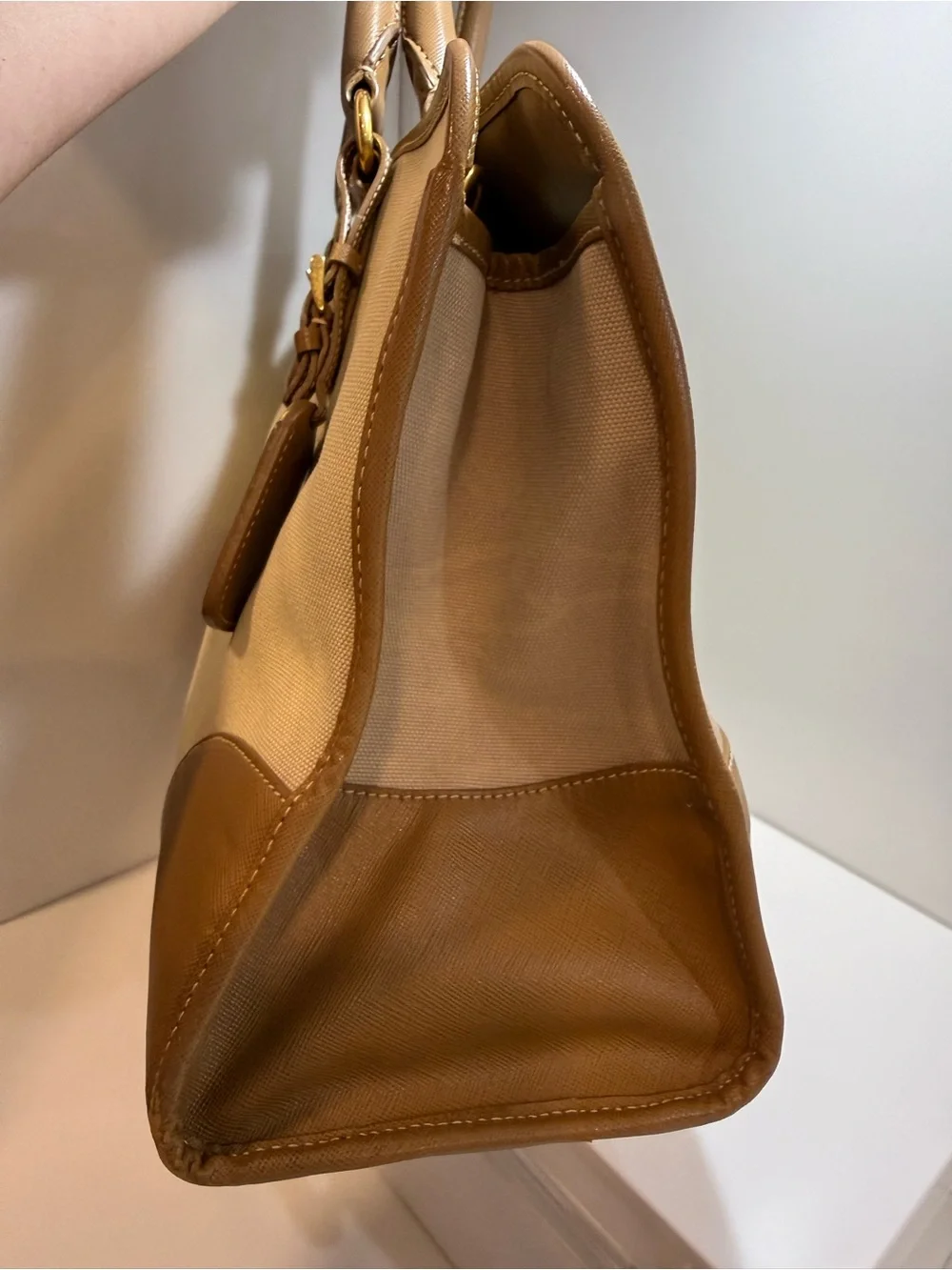 Prada Beige Canvas with Brown Saffiano Trim Tote